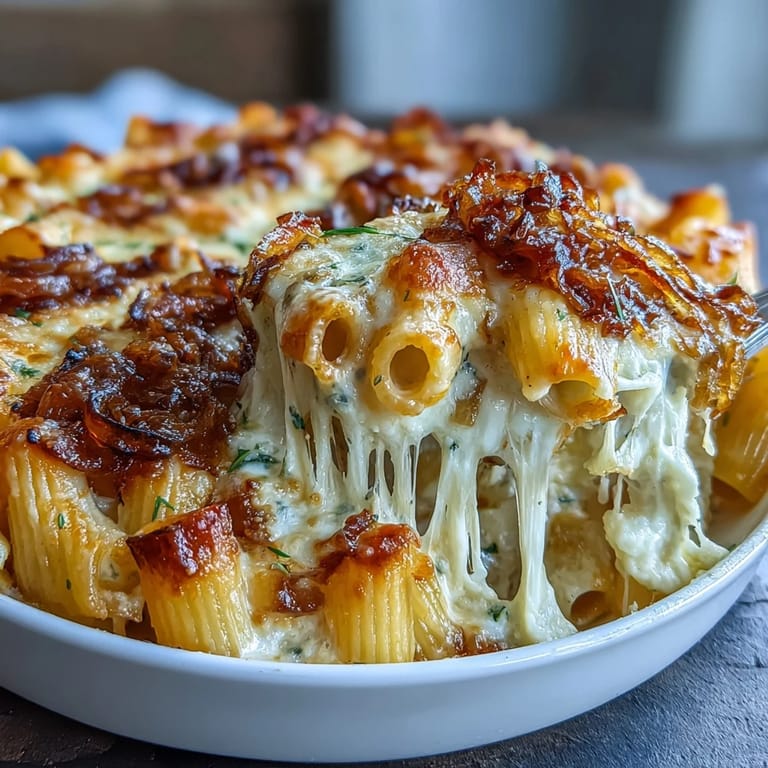 Golden-brown French onion soup pasta bake served hot with a creamy, cheesy sauce and toasted cheese crust.