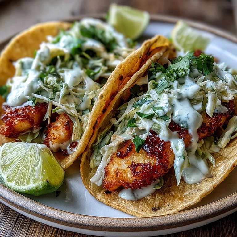 A platter of crispy air fryer fish tacos served with lime wedges and cilantro garnish.