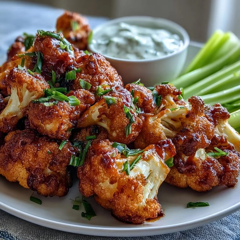 Air-fried cauliflower bites smothered in zesty Buffalo sauce, delivering a crunchy, spicy plant-based snack perfect for parties.