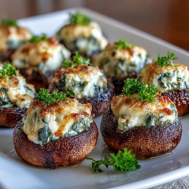 Air fryer stuffed mushrooms bursting with creamy spinach and cheese filling, golden and crispy on top. A perfect vegetarian appetizer for parties or gatherings.