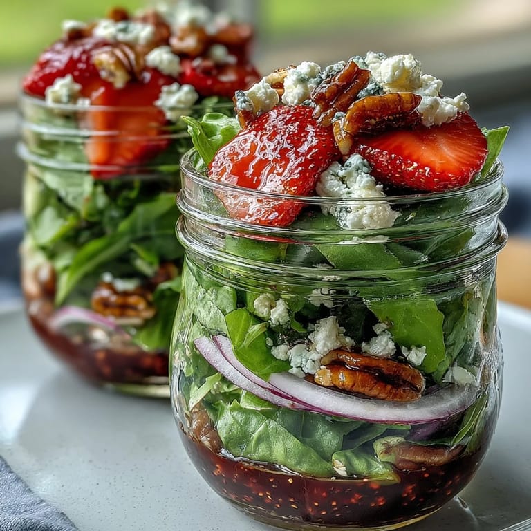 Strawberry and goat cheese picnic jar salad with crisp greens, crunchy pecans, and sweet berries, ideal for make-ahead meals on the go.