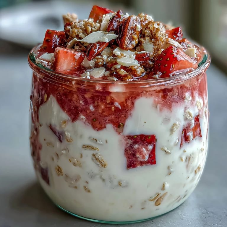 Sweet strawberries and vanilla yogurt cream nestled between soft oats, creating a healthy breakfast inspired by strawberry shortcake.