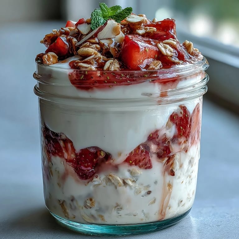 Make-ahead breakfast jars filled with strawberry shortcake overnight oats, topped with crunchy granola and fresh berry slices.