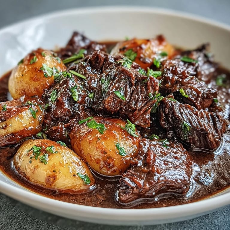 Slow cooker beef stew with hearty chunks of chuck roast and root vegetables, perfect for warming up on cold evenings.