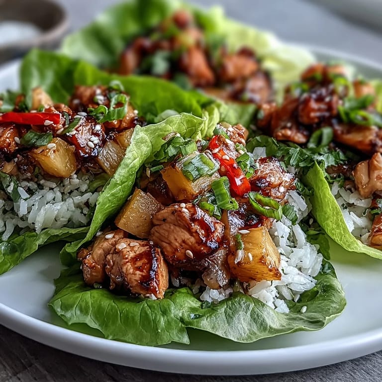 Flavorful chicken stir-fried with sweet pineapple and vegetables, served in crunchy lettuce cups.  