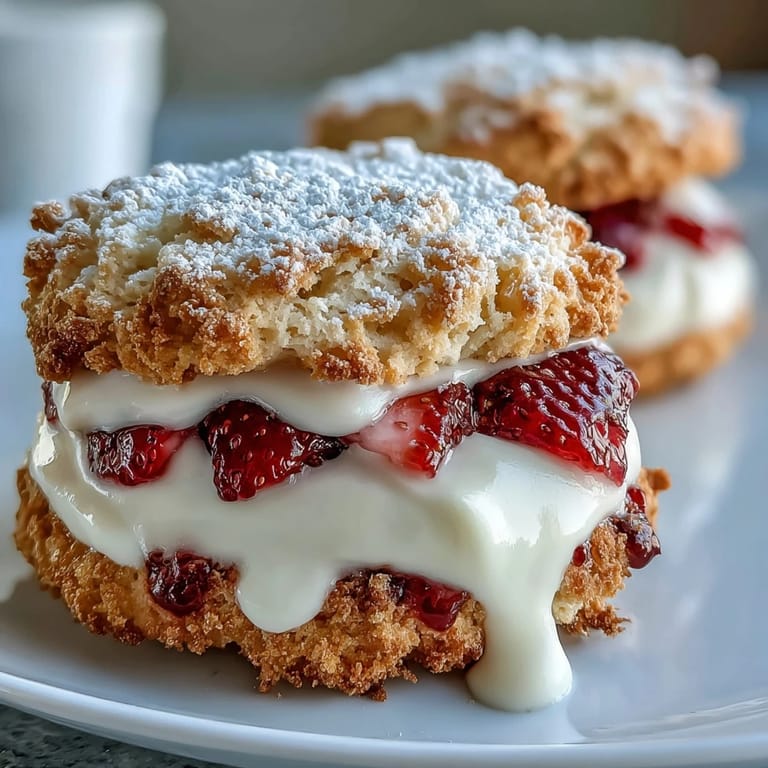 Soft, golden strawberry shortcake cookies sandwiching rich vanilla cream and juicy strawberries, offering a delightful handheld twist on the classic dessert.