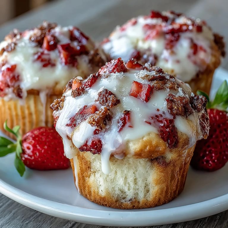 Homemade strawberry yogurt muffins with fresh berries peeking through golden tops, ideal for brunch or a quick snack.