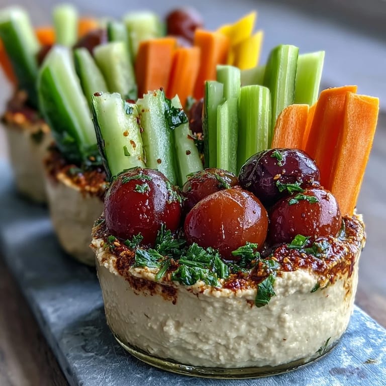 Protein-rich hummus paired with crunchy carrots, cucumbers, and bell peppers in convenient snack cups.