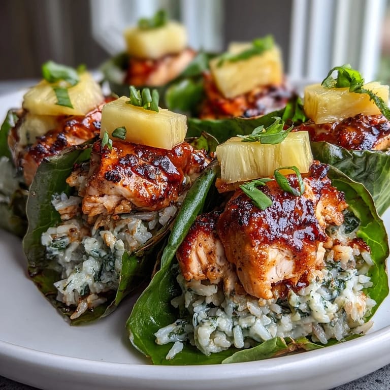 Pineapple Chicken and Rice Lettuce Wraps with juicy chicken, sweet pineapple, and fluffy rice in crisp lettuce leaves.