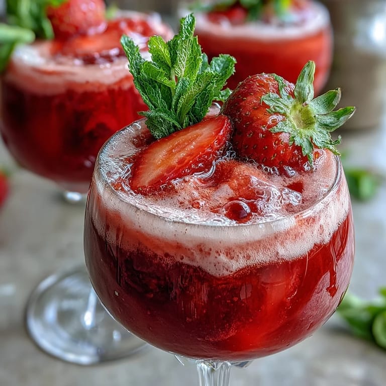 Refreshing Mothers Day brunch strawberry mimosa mocktails served in champagne flutes with sparkling citrus and juicy red berries.
