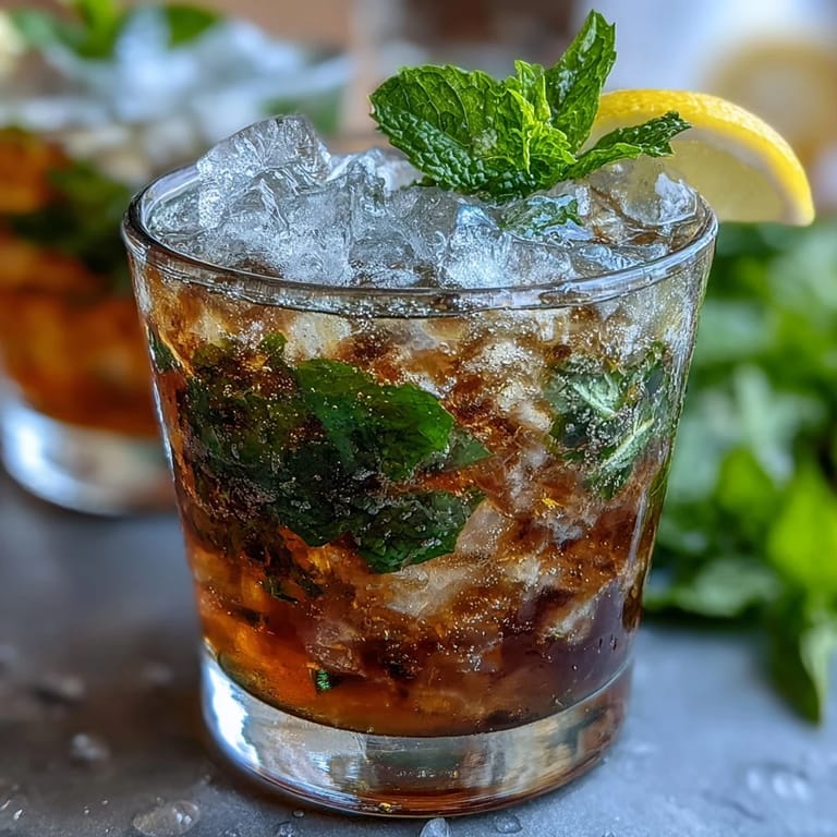 Crushed ice-filled glasses topped with bubbly mint julep mocktails, garnished with lemon wheels and aromatic fresh mint for a festive drink.