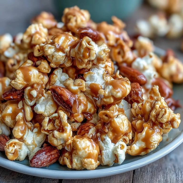 Crunchy caramel-coated popcorn combined with salted peanuts in a golden snack mix, ideal for movie nights or sports viewing parties.  