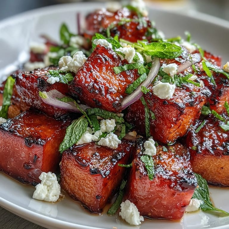 Colorful grilled watermelon salad with feta, red onion, and mint, perfect for summer barbecues or light lunches.