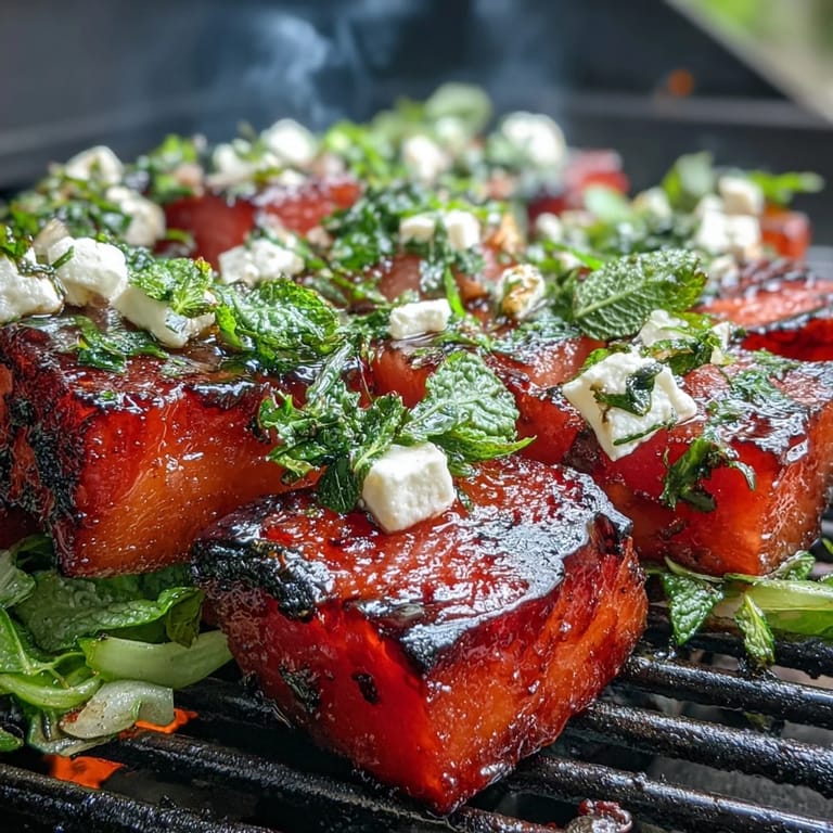 Sweet grilled watermelon salad with feta, fresh mint, and arugula, drizzled with balsamic glaze for tangy contrast.