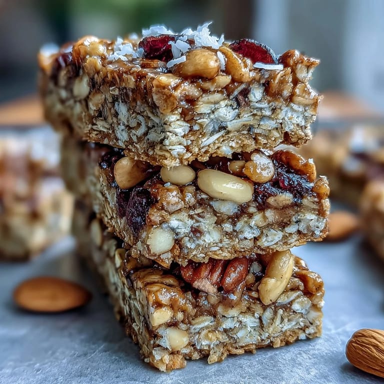 A stack of chewy No-Bake Granola Energy Bars on a rustic wooden board, perfect for on-the-go energy.  
