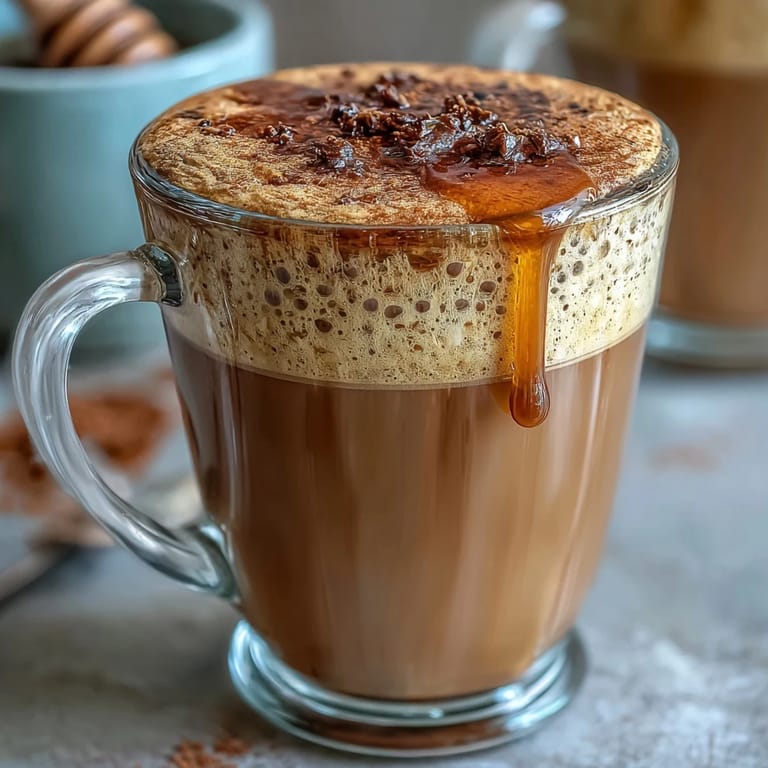 Golden dandelion tea latte with frothy oat milk and a drizzle of honey, perfect for a soothing drink.