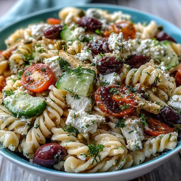 Refreshing summer pasta salad featuring classic Greek flavors—tangy feta, Kalamata olives, and garden-fresh vegetables, ideal for picnics or barbecues.