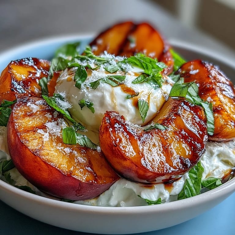 A vibrant summer salad of grilled peaches, burrata, and arugula, drizzled with honey and balsamic glaze for a burst of flavor.