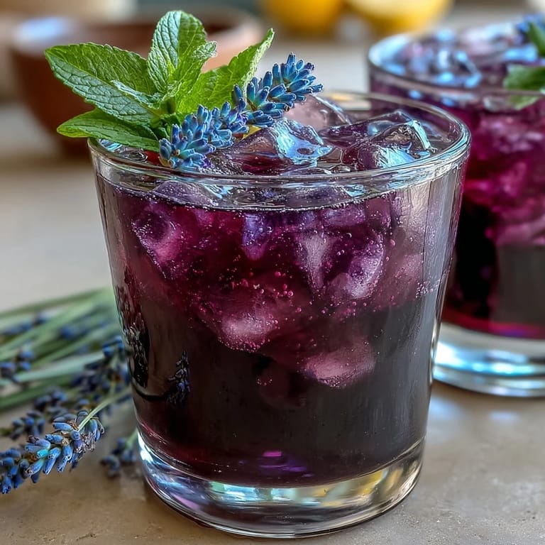 Refreshing Purple Rain Lavender Lemonade Refresher served over ice, blending citrus brightness with soothing floral lavender notes in a stunning violet drink.