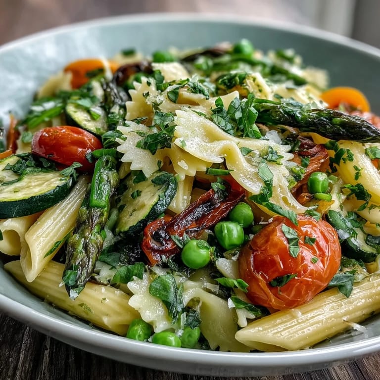 Colorful Spring Pasta Primavera with fresh asparagus, zucchini, and cherry tomatoes, garnished with fragrant basil and lemon zest.
