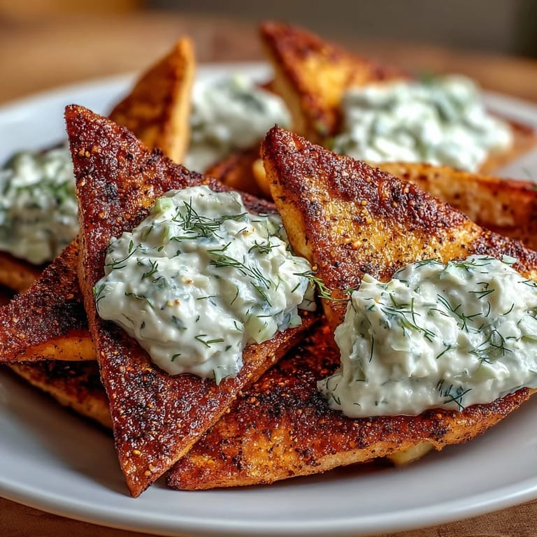 Crunchy homemade pita chips paired with tangy, herb-infused tzatziki dip — a refreshing Mediterranean appetizer for any gathering.