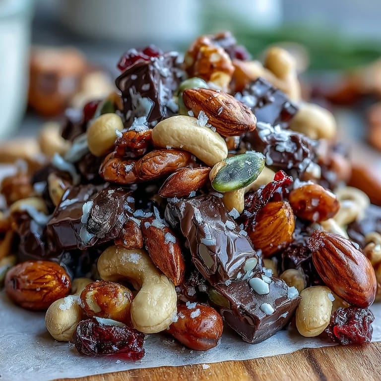 A colorful blend of almonds, cashews, cranberries, and dark chocolate pieces in a clear snack bag, ready for on-the-go energy.