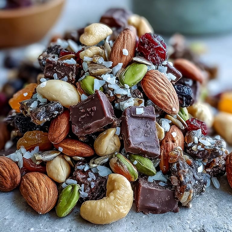 Crunchy trail mix with pumpkin seeds, apricots, and dark chocolate chunks, perfect for hiking or beach adventures.