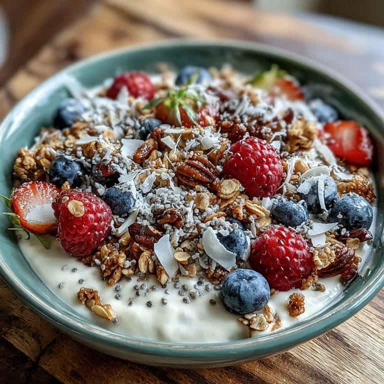 Creamy skyr protein smoothie bowl, a perfect breakfast with fresh berries and granola.