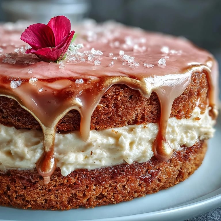 Elegant Rosé Velvet Cake with shimmering gold drip, perfect for celebrations.