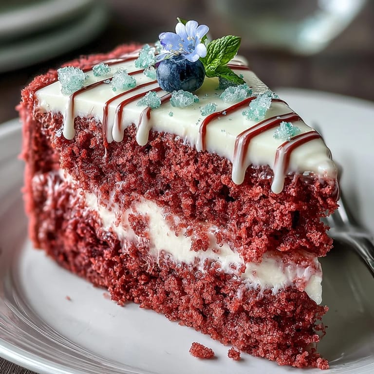 Pink velvet cake with luscious cream cheese frosting and edible gold accents.