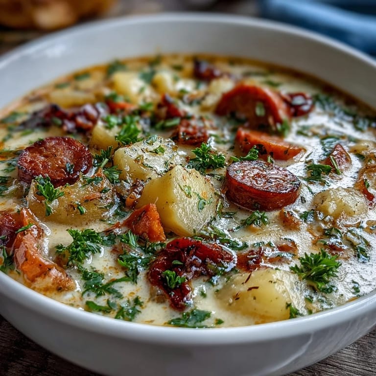 Golden Easy German Potato Soup garnished with fresh parsley, perfect for a chilly evening.