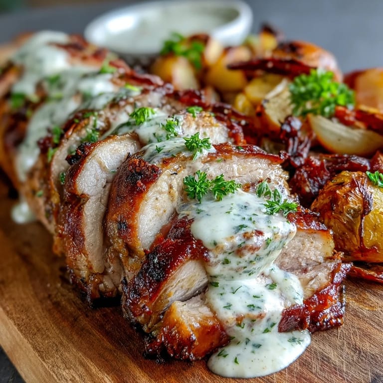 Juicy pork roast, perfectly seasoned, ready to be carved with homemade mustard sauce.