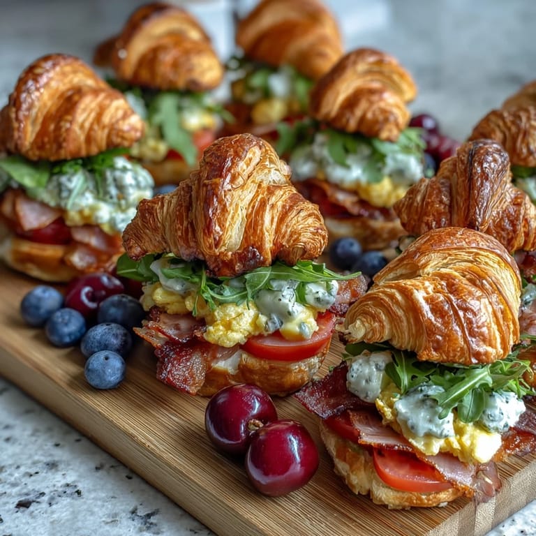 Elegant savory breakfast grazing board featuring mini croissant sandwiches with fresh accompaniments.