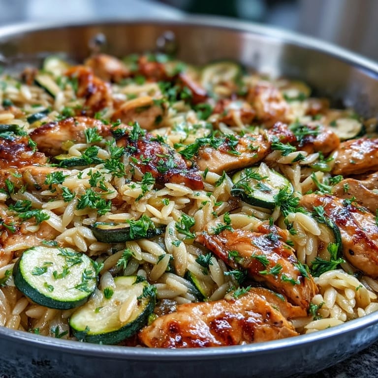 Tender orzo pasta with seared chicken and fresh zucchini, zesty with lemon.