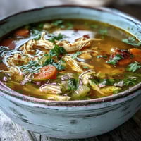 A warm bowl of Anti-Inflammatory Turmeric Chicken Soup, with tender shredded chicken and golden broth, garnished with fresh cilantro and lemon.