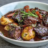 Cozy beef stew with root vegetables simmering in a rich, savory broth, filled with tender beef, carrots, parsnips, and potatoes.