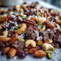 Homemade Trail Mix with Dark Chocolate in a rustic wooden bowl, featuring roasted nuts, dried fruits, and rich chocolate chunks.