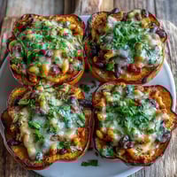 Roasted acorn squash halves are filled with creamy, spicy Hot Honey Chili Mac and topped with fresh cilantro.