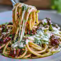 A bubbling casserole of Million Dollar Spaghetti with golden mozzarella and savory meat sauce.  