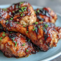 Juicy BBQ Chicken Drumsticks with Spicy Peach Glaze, hot off the grill.