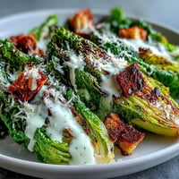 Grilled Caesar Salad with charred romaine, drizzled with creamy dressing.