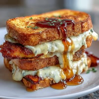 Golden brown peach hot honey grilled cheese with gooey melted cheese.