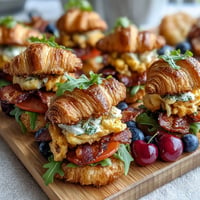 Savory breakfast grazing board with mini croissant sandwiches, a colorful brunch spread.