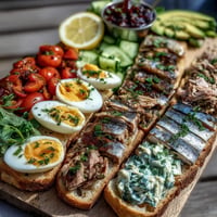Tinned Fish Brunch Board showcases vibrant eggs, savory fish, and fresh produce.